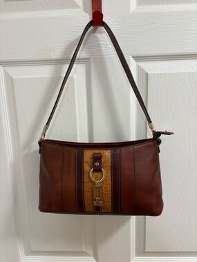 Etienne Aigner brown leather bag featuring a crocodile-embossed central panel